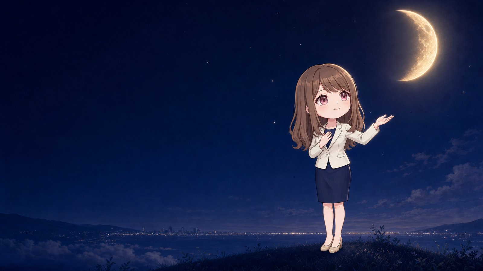 夜空に浮かぶシャンパンゴールドの月を見上げるLuna（るな）のイラスト